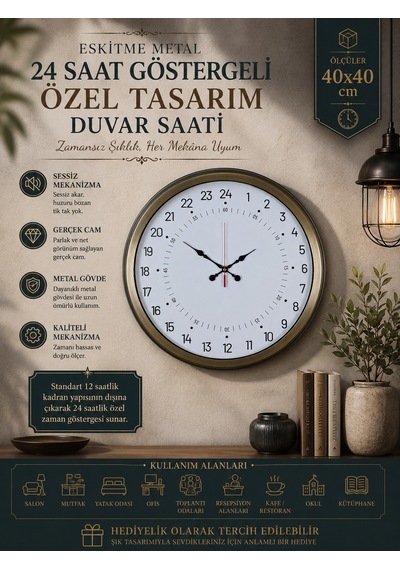 40 Cm Eskitme Metal 24 Saat Göstergeli Özel Tasarım Duvar Saati Pl-4097e