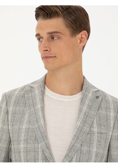 Cacharel Gri Slim Fit Yün Karışımlı Ekose Takım Elbise