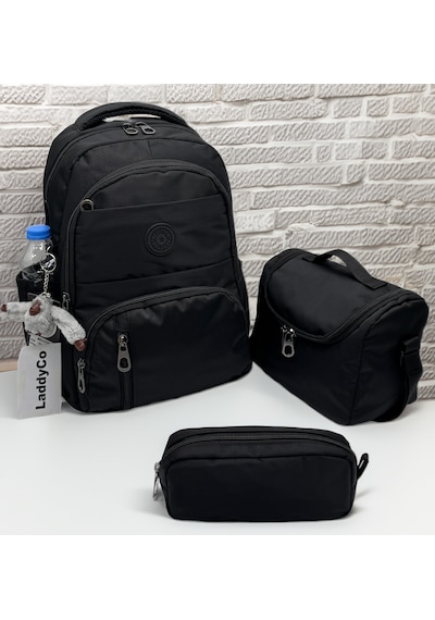 Suya Dayanıklı İlk Okul Çantası 3'lü Seti Unisex Çocuk İlkokul Çantası Ldc-8010 Siyah Siyah