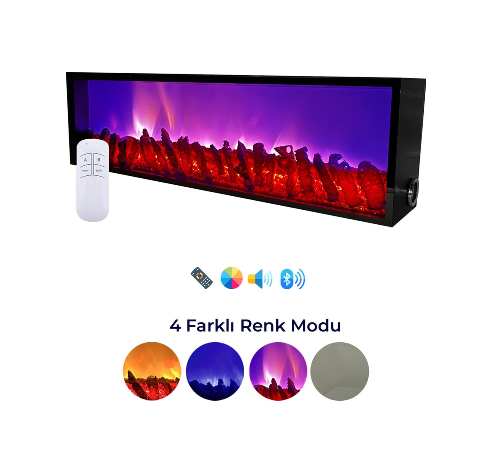 Arif Dekoratif Elektrikli Yapay Şömine - 100x25x15 Cm - Farklı Renk Modları, Kumandalı, Bluetooth