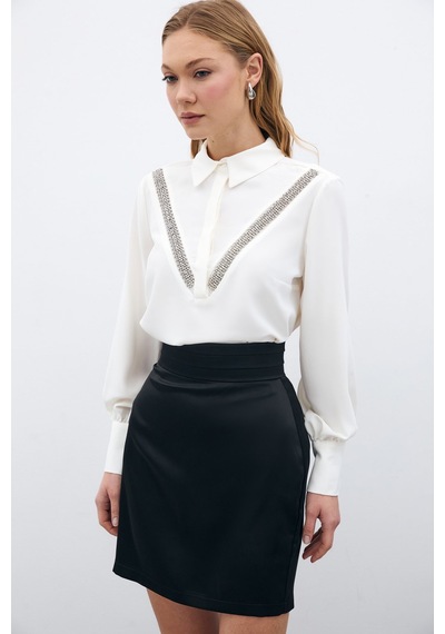 Şerit Aksesuarlı Bluz - Ekru Ekru