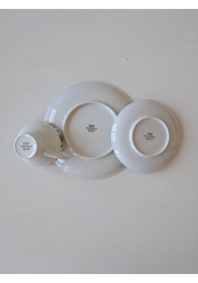 Trio Antıque Tea Cup & Saucer & Plate Üçlü Çay Fincanı Pembe Mavi Pembe-mavi