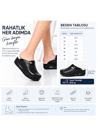 Saboterlik Air Taban Ortopedik Sabo Terlik Kadın Doktor Hemşire Hastane Aşçı Terliği Siyah111