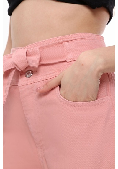 Hgfashion Yüksek Bel Kemerli Demin Şort Pambe Renk Pembe