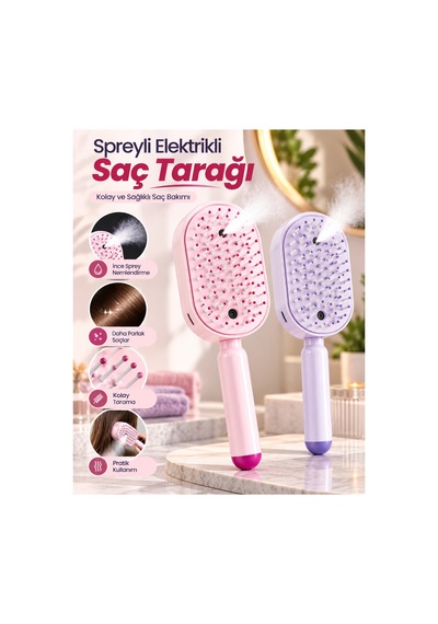 Novento İnce Sprey Özellikli Elektrikli Saç Tarağı Kolay Temizlenebilir Şarjlı Saç Fırçası Çok Renkli