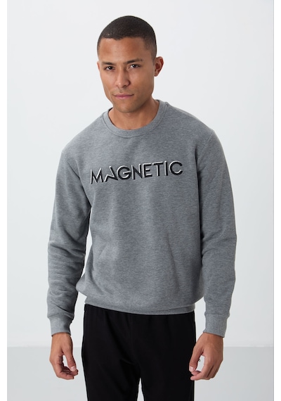 Tommy Life Gri Melanj Yazı Nakışlı O Yaka Rahat Form İçi Polarlı Erkek Sweatshirt - 88020 GRİ MELANJ