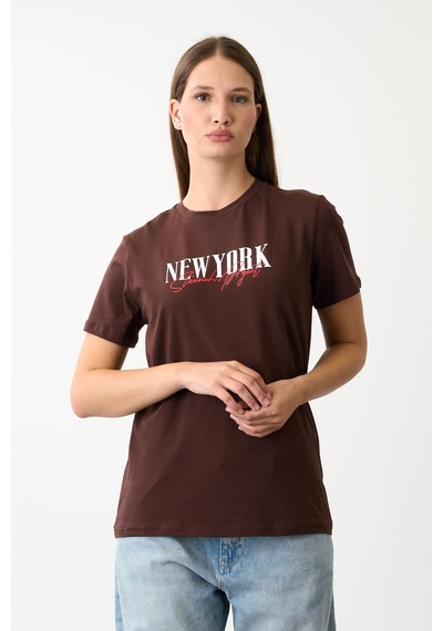 Alexandergardi Oversize Geniş Kalıp Bisiklet Yaka Baskılı T-shirt Kahverengi