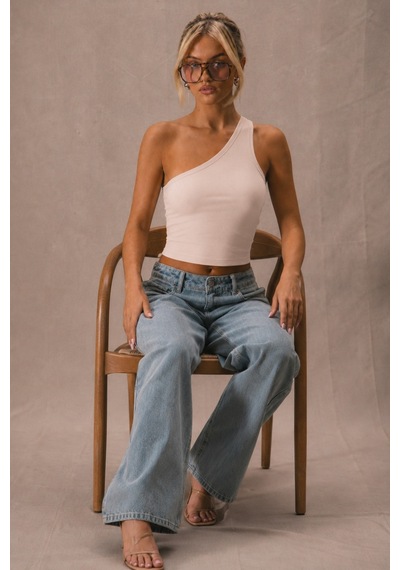 Tarz Cool Kadın Tek Omuz Crop Atlet Esnek Slim Fit Süprem Kumaş Asimetrik Yaka Bluz Bej