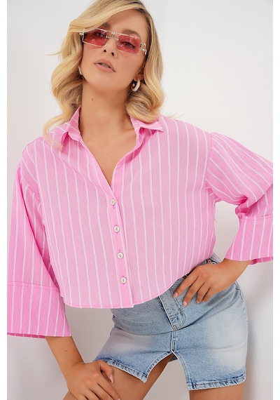 Bigdart Kadın Çizgili Oversize Kısa Gömlek 20326 - Pembe