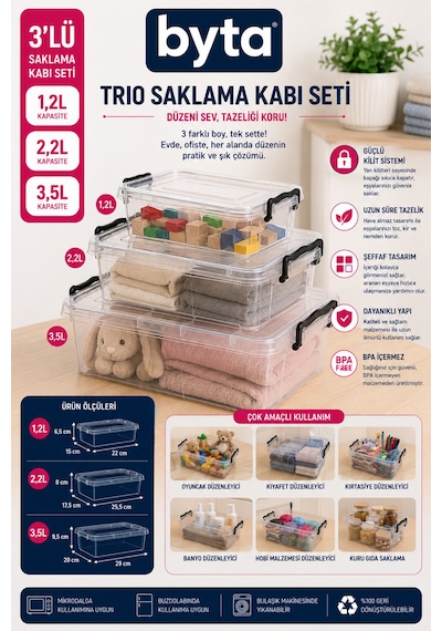 3'lü Kilitli Kapaklı Saklama Kabı Seti 1,2 L + 2,2 L + 3,5 L Şeffaf Çok Amaçlı Organizer Şeffaf