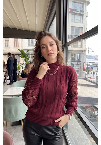 Sayzen Your Shine Kolu Dantelli Saç Örgülü Kadın Triko Kazak Bordo