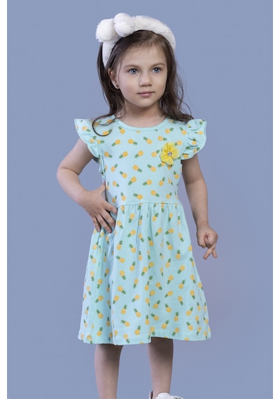 Toontoy Kız Çocuk Komple Ananas Baskılı Çiçek Aksesuarlı Elbise Su Yeşili