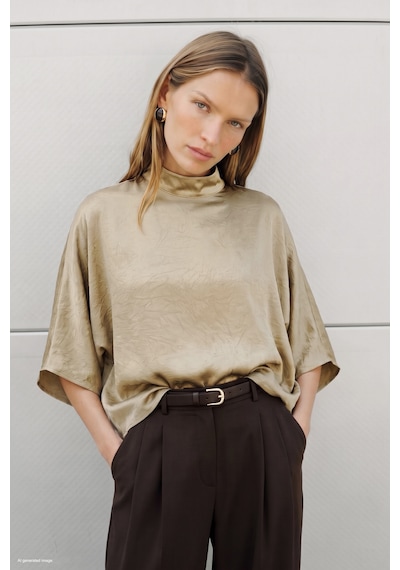 Sateen Yarasa Kol Bluz - Bej-137834