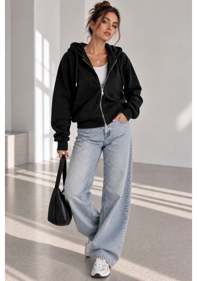 Bb Butik Basic Selanik Dokulu Fermuarlı Kapüşonlu Kadın Sweatshirt My3535 siyah
