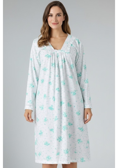 Yasar Underwear Kadın Uzun Kollu Dantel Detaylı Gecelik Rahat Kesim Günlük Ev Elbisesi Yeşil Yeşil