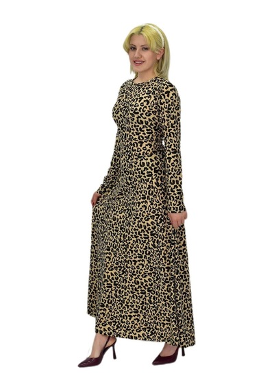 Kadın Leopar Desen Krep O Yaka Elbise Bgl-st03539 001