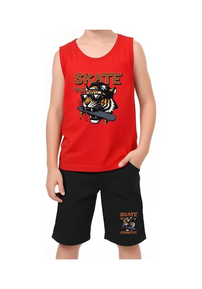 Fyk Kids Erkek Çocuk Baskılı Sıfır Kol Skate Crunch Alt-üst Takım Kırmızı