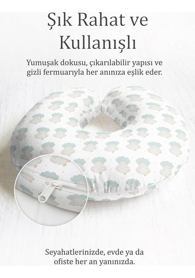 Sevimli Fil Desenli Pamuklu Boyun Yastığı - Bulut Figürlü Pastel Mavi Sarı Seyahat Yastığı Çok Renkli
