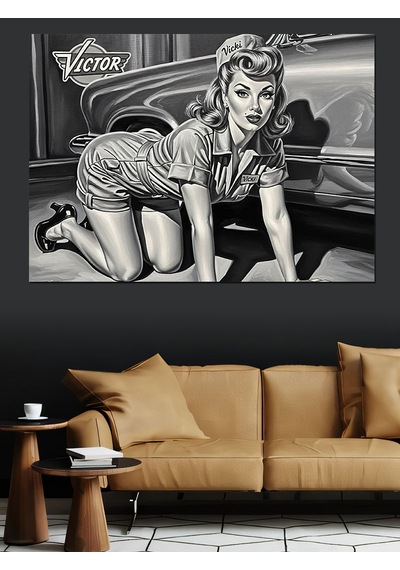 Mini Elbiseli Tamirci Pin Up Kadın Dekoratif Kanvas - Mdf Ahşap Tablo