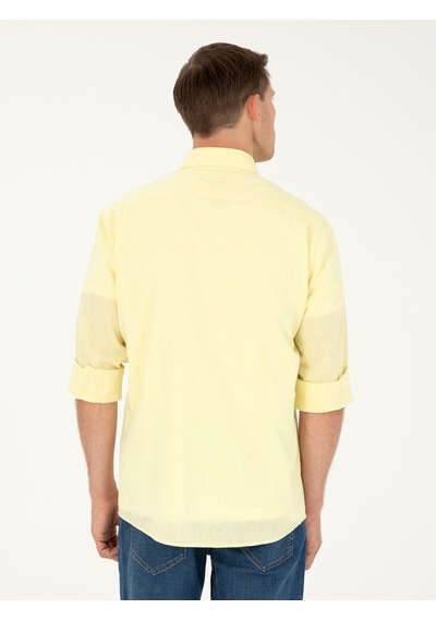 Cacharel Sarı Slim Fit Keten Karışımlı Gömlek