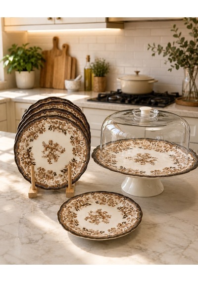 8 Parça Porselen Velour Brown Pasta Seti-7248 Çok Renkli