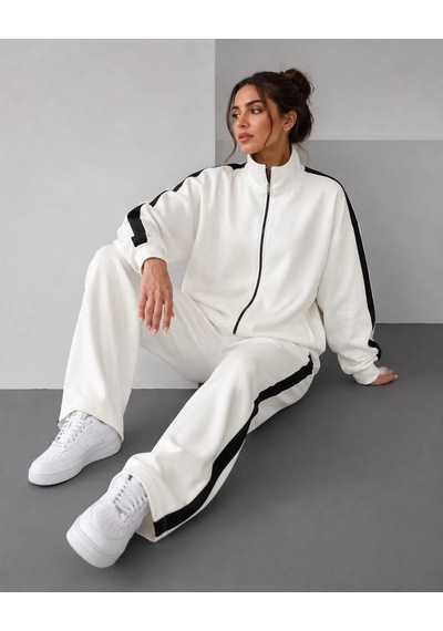 Moda Kadın Scuba Kumaş Oversize Şerit Detaylı Fermuarlı Alt Üst Eşofman Takımı - Beyaz Çok Renkli