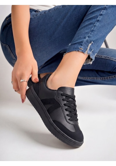 Kadın Sneaker Yüksek Taban Ortopedik Bağcıklı Spor Ayakkabı Retro Siyah 011