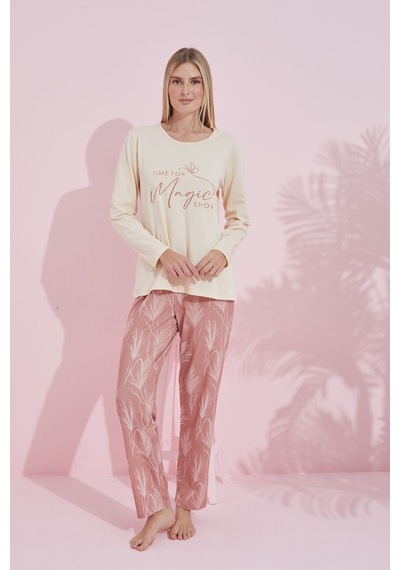 Siyah İnci Pamuklu Örme Pijama Takım 24240184 Krem
