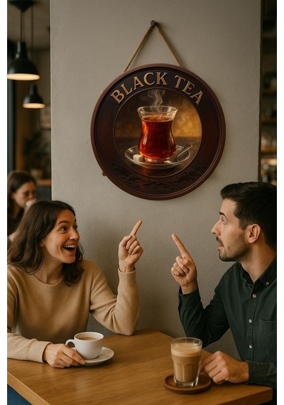 Black Tea Temalı Yuvarlak Cafe Tabelası, Jüt İpli Ahşap Duvar & Kapı Dekoru, Barista Tarzı Süs
