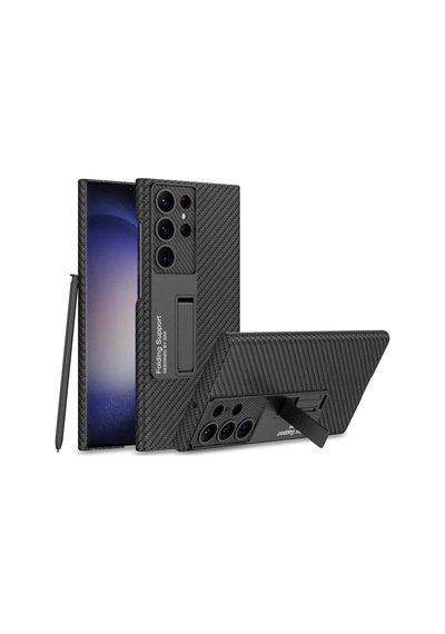 Galaxy Uyumlu S24 Ultra Kılıf Pazarplus Kıpta Standlı Kılıf Siyah Karbon
