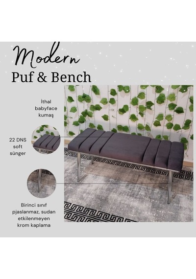 Özcan Metal Krom Metal Ayaklı Metal Kasalı Bench Mutfak Salon Antre Yatak Odası Balkon Puf Bank Antrasit