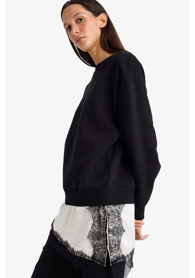 Defacto Relax Fit Bisiklet Yaka Etek Ucu Dantel Detaylı Sweatshirt G8595ax25cwbk81 Siyah-bk81