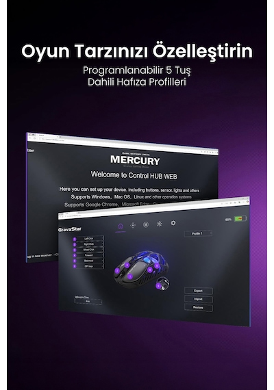 Gravastar Mercury X Rgb 32k Dpı Optik Gaming Mouse, Kablosuz, Magnezyum Alaşımlı, Programlanabilir 5 Mercury X