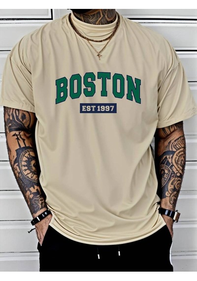 Noıssey Bej Erkek Beyaz Siyah Gri Oversize Boston Est 1997 Baskılı Bisiklet Yaka
