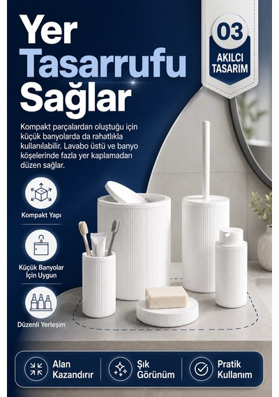 Çizgili Desenli Beyaz 5 Parça Banyo Seti Sıvı Sabunluk Sabunluk Ve Diş Fırçalık