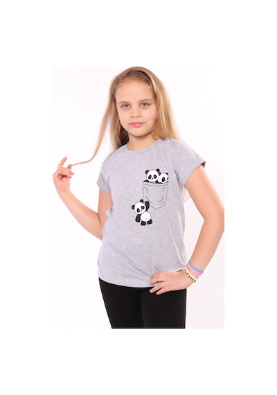 Toontoy Kids Toontoy Kız Çocuk Baskılı Bisiklet Yaka Kısa Kollu Tişört Gri Melanj
