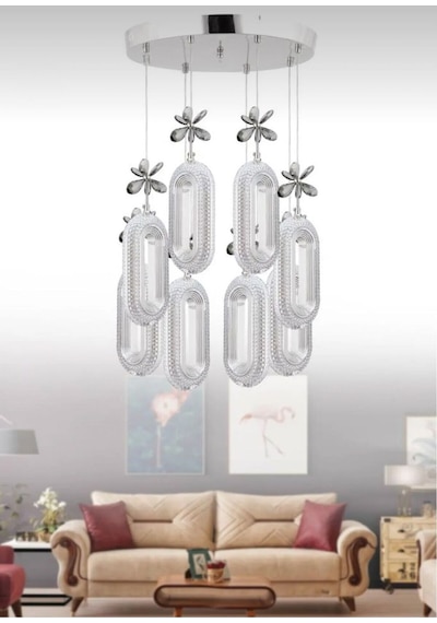 Alfa Led 8'li Krom 3 Renk Modu Ledli Kristal Taşlı Modern Led Avize Krom