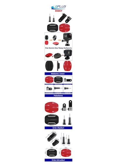 Gplus Bs06y 6 Parça Flat Zemin Düz Yüzey 3 Yollu Aksiyon Kamera Uyumlu 3m Yapışkan Motor Kask Bağlantı Seti Siyah