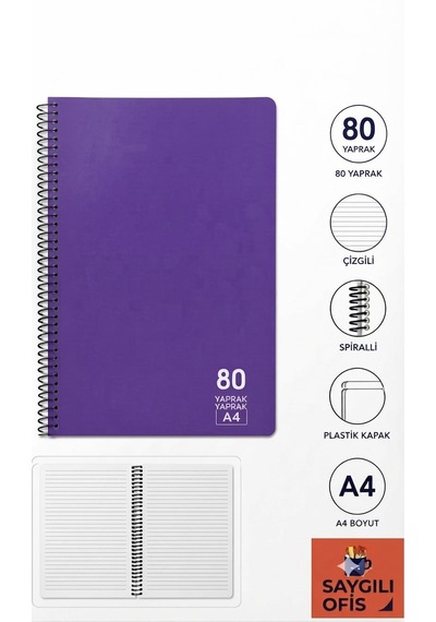 Saygılıofis 80 Yaprak A4 Spiralli Pp Kapak Çizgili Defter Mor