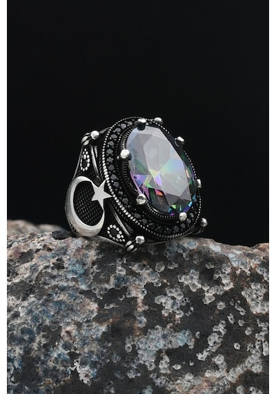 Ay Yıldız Figürlü Ay Yıldızlı Ay Yıldız 925 Ayar Gümüş Erkek Yüzüğü Mistik Topaz Taşlı 901538 Gümüş
