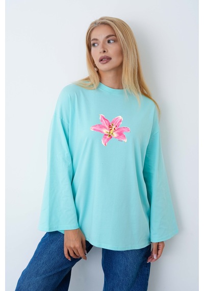 Medinenur Kadın Lily Çiçeğ Baskılı Uzun Kollu Oversize Body Yeşil