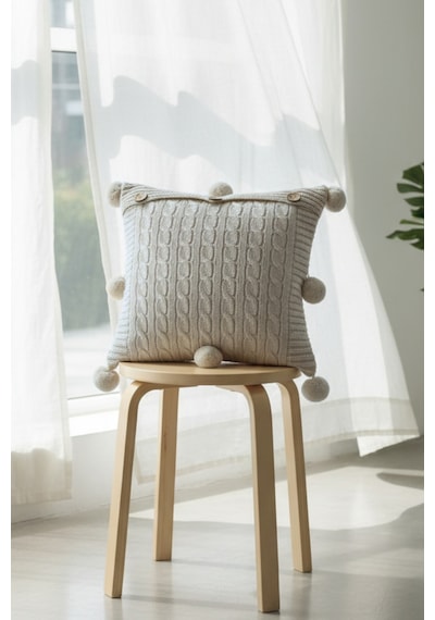 Ponponlu Triko Örme Kırlent Kılıfı - 40x40 Cm Kare Yastık Kılıfı - Koyu Krem Koyukrem Koyu Krem