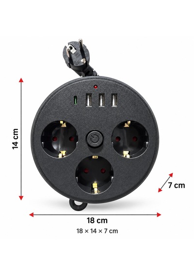 Akım Korumalı Makaralı Priz 2 Metre Kablo 3x Usb Çıkışı 1x Typ-c 3x Priz Açma Kapama Düğmesi 100-250v Ev Ofis