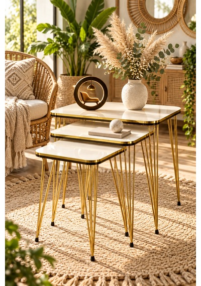 Odera Çift Tel Zigon Sehpa 3'lü Set Suntalam Modern Retro Salon Sehpası Diğer