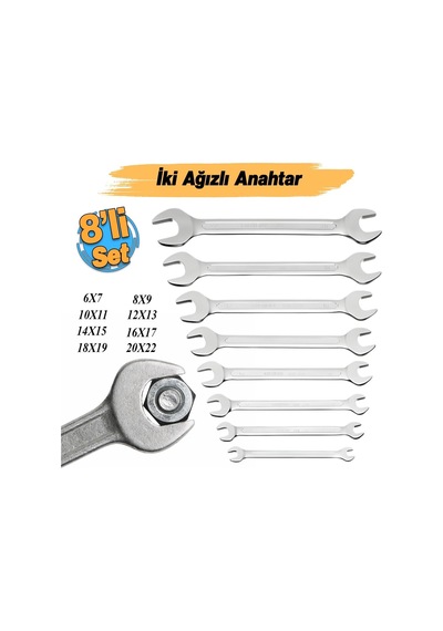 Açık Ağızlı Anahtar Serisi 8'li Set 6x7 8x9 10x11 12x13 14x15 16x17 18x19 20x22 Somun Sıkma Sökme