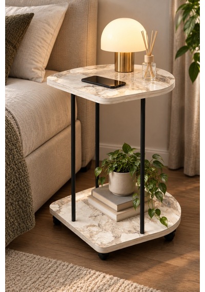 Sulorahome Tekerlekli Oval Servis Sehpası Mermer Desenli Beyaz