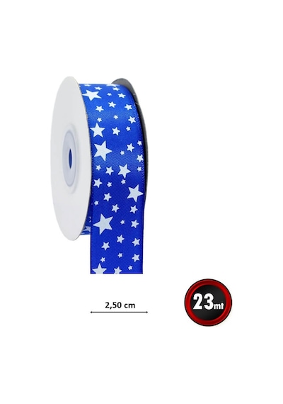 Saten Kurdele. Yıldız Baskılı. 2.50 Cm X 23 Mt - Koyu Mavi