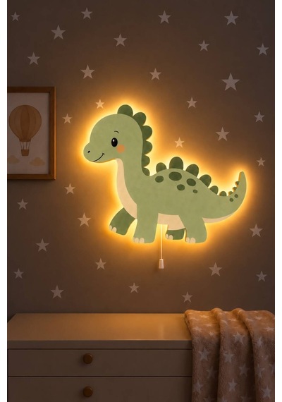 Ahşap Dinozor Gece Lambası Yıldız Hediyeli Pilli Ledli Lamba Bebek Çocuk Odası-dino1 Yeşil