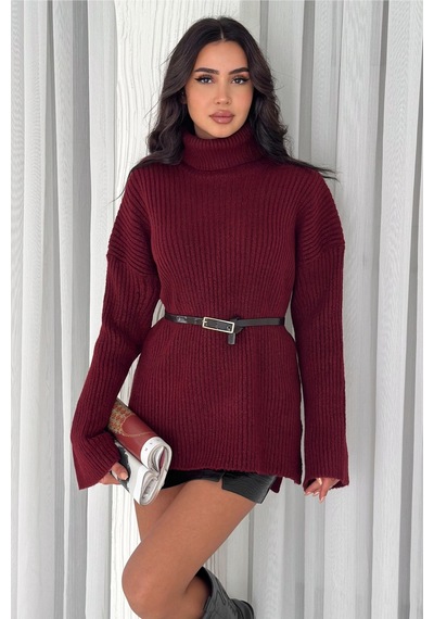 Femelle Kadın Bordo Standart Beden Basic Boğazlı Oversize Triko Kazak