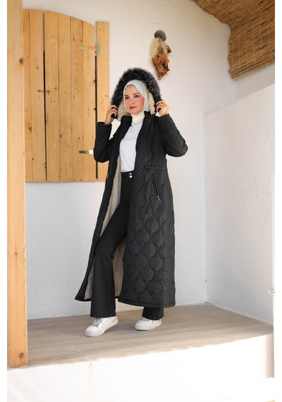 Harman Butik Kadın Tam Kürklü Kapüşonlu Kapitone Mont Siyah Siyah